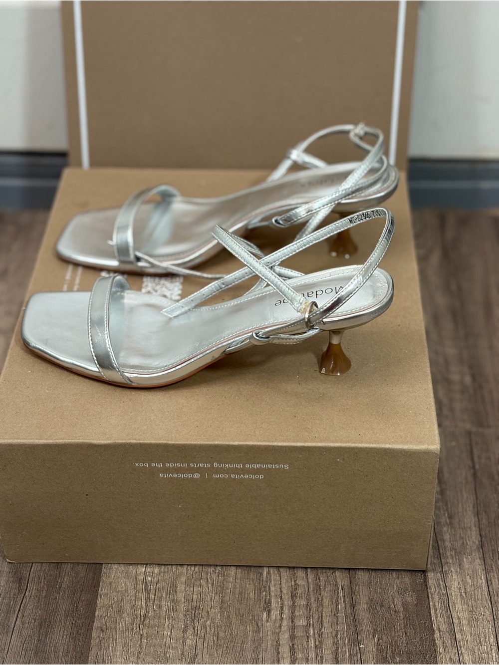 Modatope Metallic Silver Square-Toe Ankle-Strap Heels
